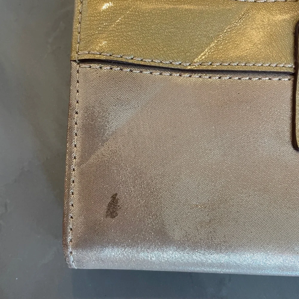 Coach Metallic Champagne Gold Leather Slim Envelope Turnlock Wallet Pink FLAW